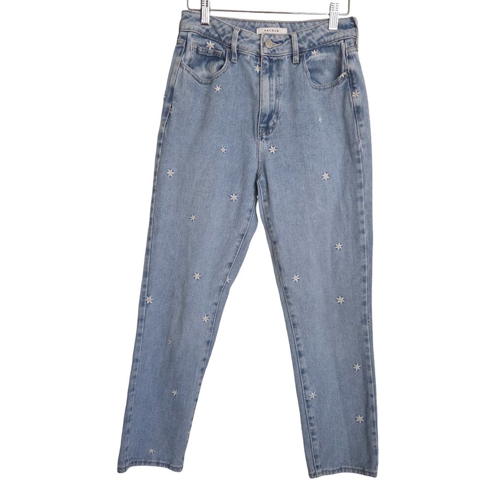 PacSun Sz 26 Mom Jeans Cotton Tiny Micro Embroidered Daisies Cottage Clean Girl